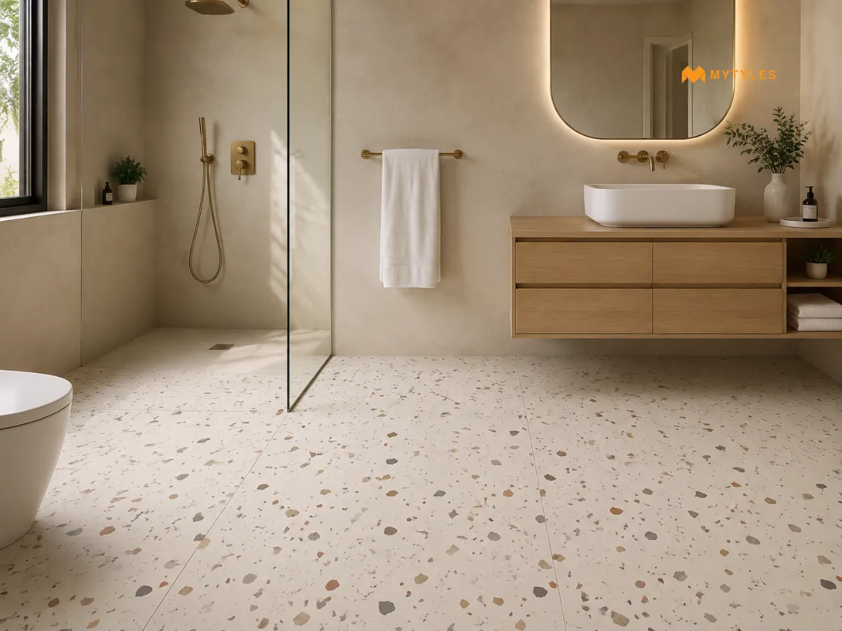 Short format Vitrified Cream Terrazzo Tile in Bathroom